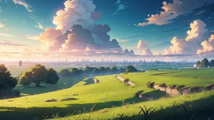 A vast, lush green landscape in an anime-style, set in another world. The scenery is rich and fertile, with expansive fields of vibrant grass stretching far and wide. In the distance, a majestic city can be seen on the horizon.