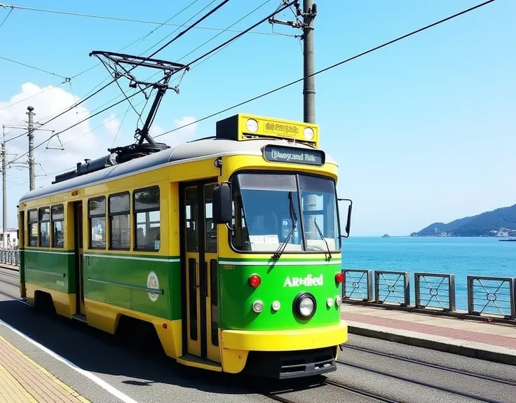 Arafed&#39;s green and yellow train parked on the tracks near the beach, Trams ) ) ), Trams, street Tram, 🚿🗝📝, Tram, japan shonan enoshima, 😃😀😄☺🙃😉😗, former, Instagram Photos, near beach, trending photo, Instagram Post, Ocean view, 🌻🎹🎼, by Anita Malfatti