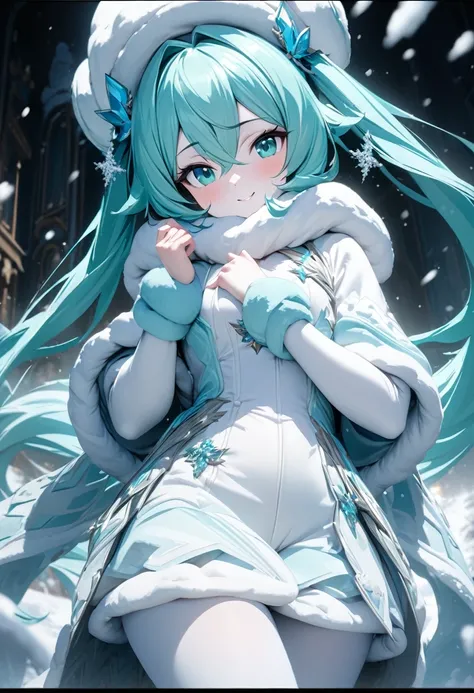 Fantasy CG digital art,A drawing of Hatsune Miku in a fantastical snowy world.Miku is wearing a cute, soft white hat with fluffy white fur Wear a cute outerwear with fur that blends in with the white snowy scenery.She is wearing a white turtleneck sweater ...