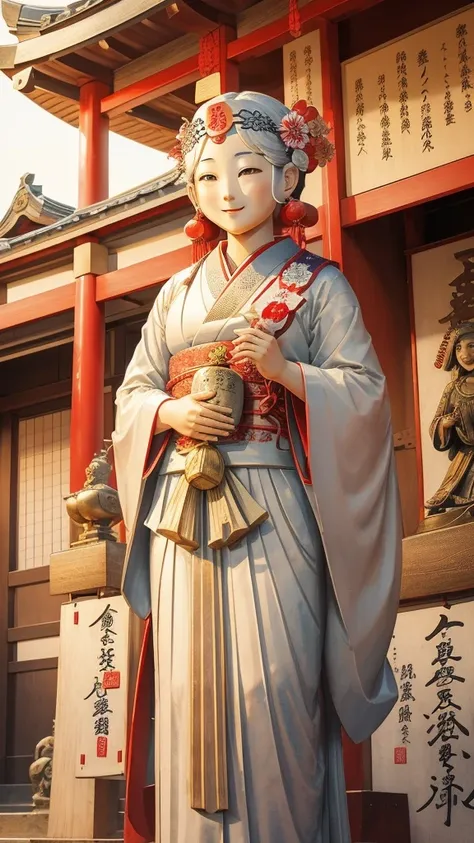 Sugawara no Michizane, the god of learning、A portrait of a smiling girl at a shrine where prayer plaques for success in school exams have been dedicated。The Seven Lucky Gods are depicted around the statue to bring good fortune.、Support your desire to pass。