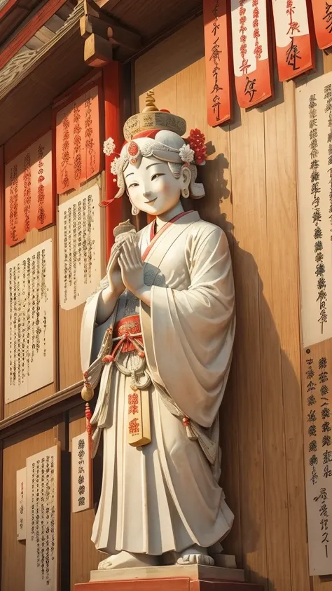 Sugawara no Michizane, the god of learning、A portrait of a smiling girl at a shrine where prayer plaques for success in school exams have been dedicated。The Seven Lucky Gods are depicted around the statue to bring good fortune.、Support your desire to pass。