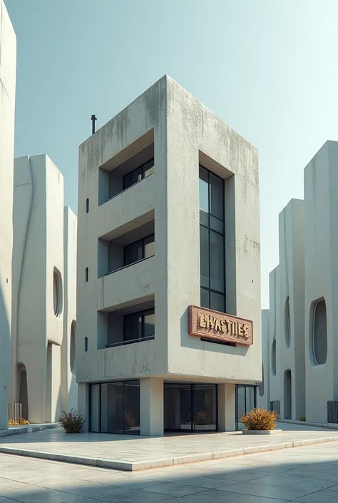 A small three-story old concrete building in a futuristic, modern, smooth-shaped building district,A sign with faded letters on a small building,