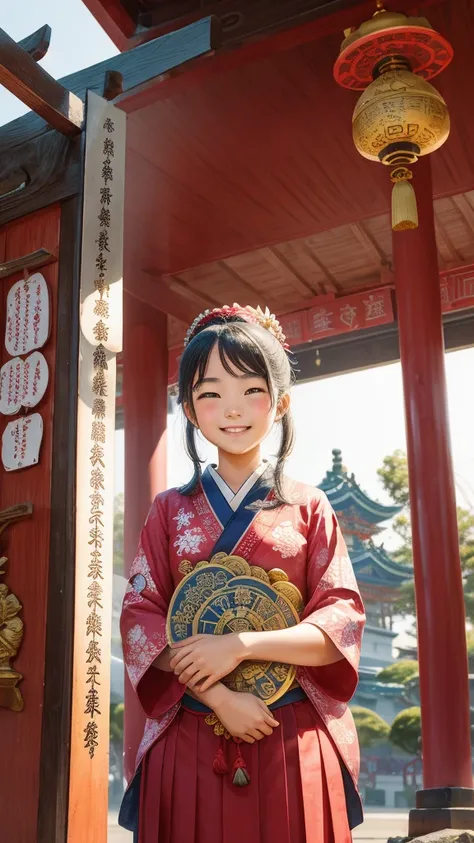 A portrait of a smiling girl at a shrine where prayer plaques for success in school exams have been dedicated。The Seven Lucky Gods are depicted around the statue to bring good fortune.、Support your desire to pass。