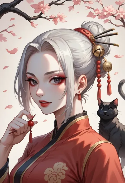 Portrait of an ancient Chinese beauty,
with white skin and purple and black eye
makeup,
with cherry blossoms in the background
wearing a red dress,
in the style of a Chinese illustration,
with dark white and light gray colors,
with black cat,
an elegant po...