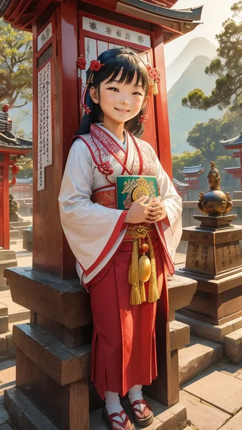 A portrait of a smiling girl at a shrine where prayer plaques for success in school exams have been dedicated。The Seven Lucky Gods are depicted around the statue to bring good fortune.、Support your desire to pass。