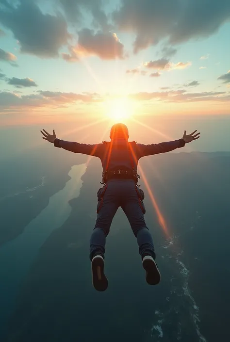 a man skydiving upon beatiful landscape, lying horizontally flat on air, facing down towards the earth, parachute bag on his back, harness on his body, knees bent 90 degrees, hands wide - balancing, rising sun with photo flares, 4k