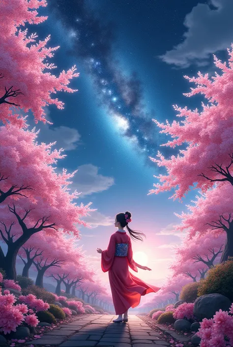 masterpiece, concept art, panorama, middle, shape, wide shot, cherry blossoms, night, (meteor), space galaxy background, (great composition, epic scale), dynamic lighting, bright colors, cherry blossoms, 
Beautiful woman wearing a kimono, garden , stardust