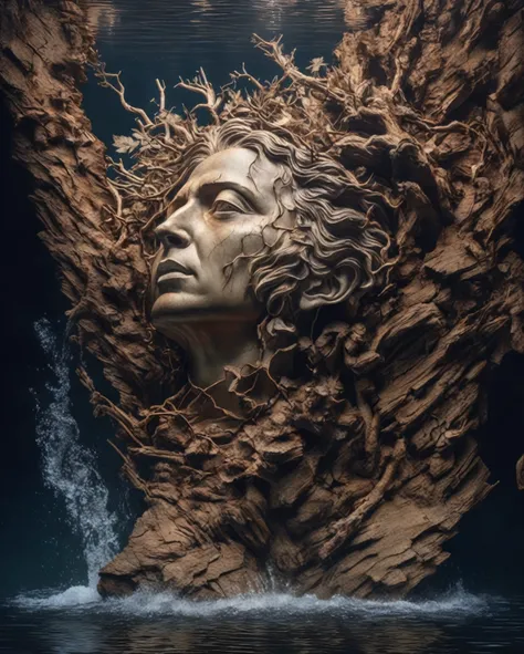 Conte Art Style, Portraiture, Beautiful details，Portrait of a giant head sculpture falling into water，Great Wilderness，Dense teeth，old，dead branch，Philip Hodas&#39; art style，Mat of the human soul, realism ，American digital artist、BDO production by Stuart ...