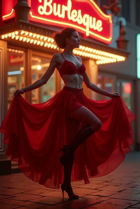 A showstopping can-can dancer in mid-performance, her stunning figure on full display. Shes a vision of loveliness, her slender waist a striking contrast to her luscious, ((huge tits))). Her Red flowing dress is a whirlwind of activity as she manipulates i...