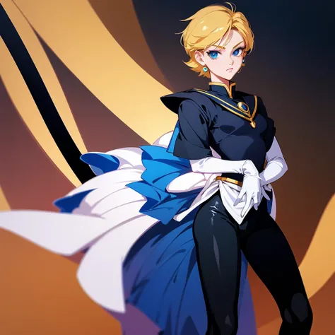 Dark Sailor Uranus has very short like blonde hair. Her usual Sailor Uniform and gloves are the same, except they are black. Her skirt and bow on her Sailor collar is dark blue. She has black leggings, and has a silver sword.