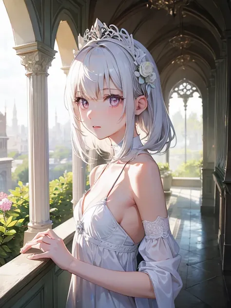 One girl, White medium hair, Detailed pupils, Pale pink eyes, Center parted hair, White Dress, garden, noon, blue sky, beautiful, Dramatic Light, Strong Shadows, Nice views, Depth of written boundary, Cinema Lighting, ((masterpiece)), Attention to detail, ...