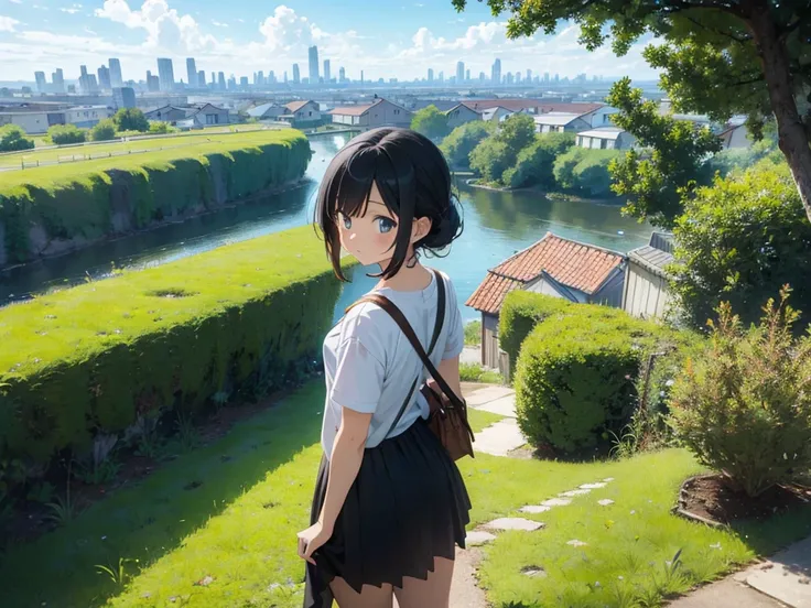 Anime style picture, another world, green grass, lush, vast area, see the city in the distance.