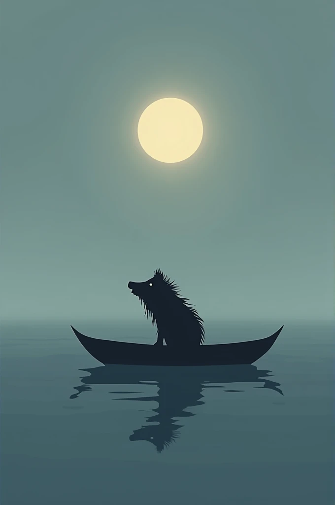 Create a minimalist phone wallpaper of a wild boar sitting on a boat watching the moon 