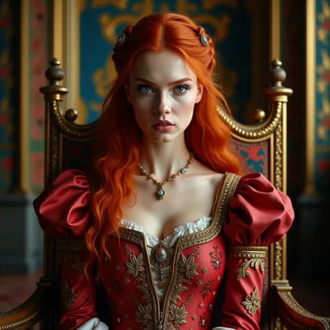 , stunning red haired princess, medieval style,  English princess, blue eyes, stunning portrait, 8k artistic portrait photography, anthropological photography, colorful dress, fine embroidery, beautiful portrait, beautiful princess, woman, fierce eyes, sit...