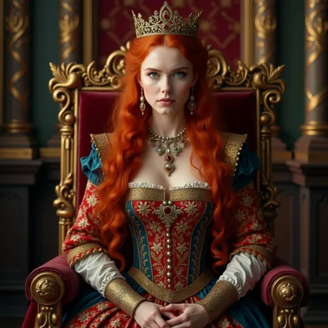 , stunning red haired princess, medieval style,  English princess, blue eyes, stunning portrait, 8k artistic portrait photography, anthropological photography, colorful dress, fine embroidery, beautiful portrait, beautiful princess, woman, fierce eyes, sit...