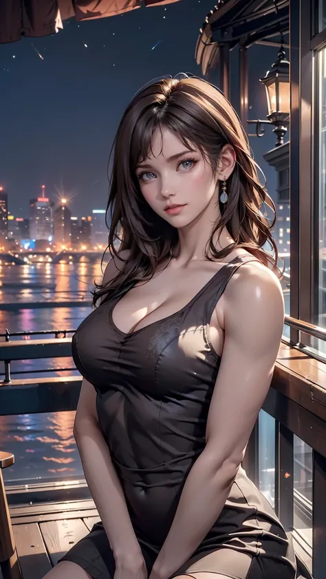 ((Highest quality, 8k, masterpiece :1.3)), whole body, Sharp focus :1.2, Beautiful woman with perfect figure :1.4, Slim Abs :1.2, ((Dark brown hair, Big Breasts :1.2)), Tank top dress :1.1, (Night city view, Modern balcony :1.1), Highly detailed face and s...