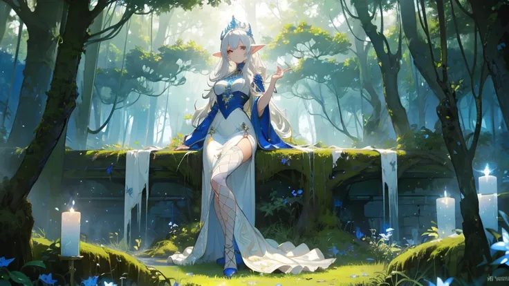 ((masterpiece， best quality))，elf，royal sister，forest，sea of trees，pure white background，detailed face，smile，whole body，perfect ...