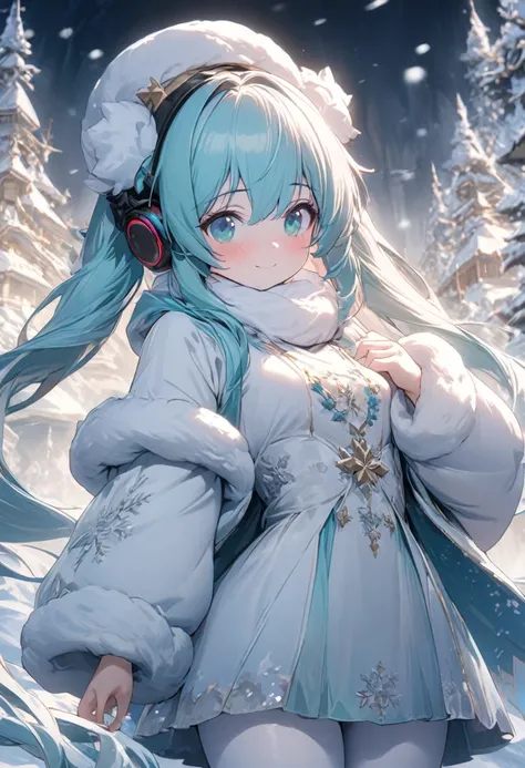 Fantasy CG digital art,A drawing of Hatsune Miku in a fantastical snowy world.Miku is wearing a cute, soft white hat with fluffy white fur Wear a cute outerwear with fur that blends in with the white snowy scenery.She is wearing a white turtleneck sweater ...