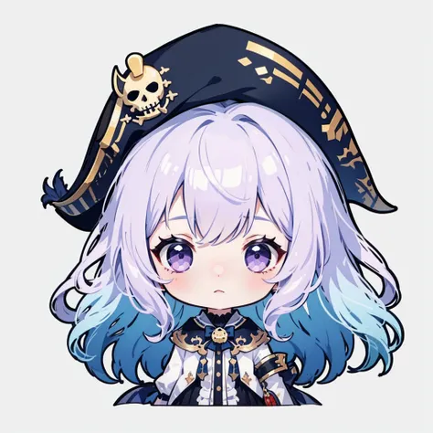 Chibi、((Body completed))、((High detail))、((high quality))、((Detail Hand))、1 girl、Long Hair、The hair on top is black、The hair underneath is dark blue、Ombre Hairstyles、Purple Eyes、Pirate Style、Pirate Hat、Chibiスタイル、Transparent Background、centered position。