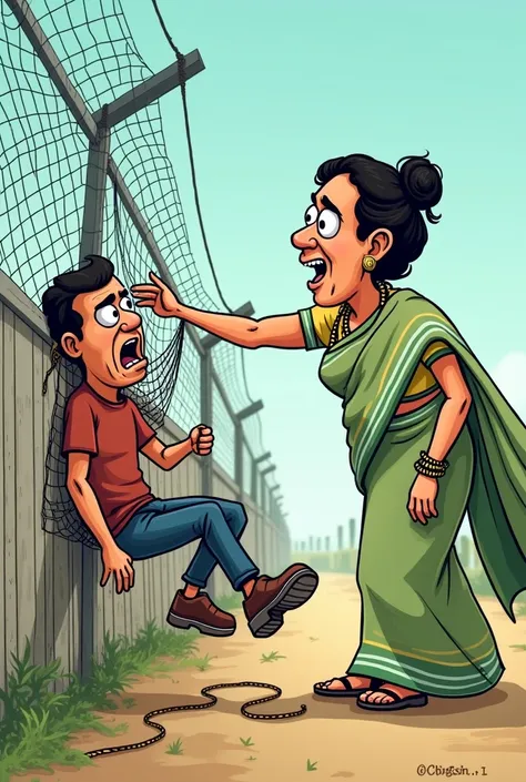 Mamta benergee in at bangladesh boarder and remove the bar hanging rope taken the bangladeshi man hanging over the fencing wire and show her hand to bangaladeshi and grab him over the fencing into the Indian boarder funny image cartoon character 
