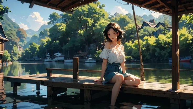 masterpiece、high resolution 8k、NSFW、sharp focus,anime girl sitting on a dock with a potted plant in her hand, artwork in the style of guweiz, lofi girl, lofi artstyle, relaxing concept art, makoto shinkai cyril rolando, lofi art, summer afternoon, anime gi...