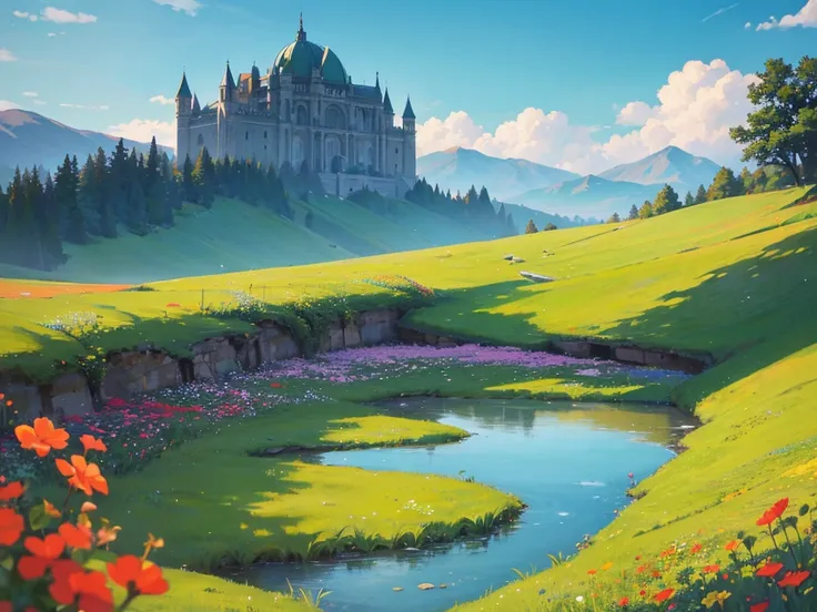 In a vibrant, anime-style fantasy world, the scene opens to an expansive, emerald-green meadow that seems to stretch endlessly under a brilliant, clear sky. The grass sways gently in the breeze, its rich hues of green reflecting the sunlight, creating a se...