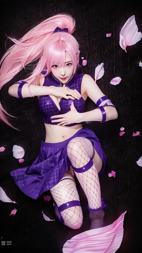 Images of women in their 50s wearing short skirts and fishnet stockings, sakura petals around her, Inspired by INO, Stop 4 *, Stop 4, Photorealistic anime girl rendering, Anime Girl Cosplay, Anime Pose, ( ( Stop 4 # ) ), 🌺 society, Enchanting anime girl, C...