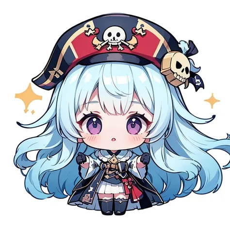 Chibi、((Body completed))、((High detail))、((high quality))、((Detail Hand))、1 girl、Long Hair、The hair on top is black、The hair underneath is dark blue、Ombre Hairstyles、Purple Eyes、Red and black pirate style、Pirate Hat、Chibiスタイル、Transparent Background、centere...