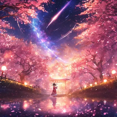 masterpiece, Concept Art, Panorama, in the center, shape, Wide Shot, flower garden, ,stardust, night, (meteor), Space galaxy background, (Great composition, Epic scale), Dynamic Lighting, Bright colors, cherry blossoms,A girl wearing a kimono,garden