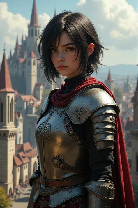 Girl with short black hair, He has a serious expression on his face while wearing medieval age armor, In the background a city from the same medieval age