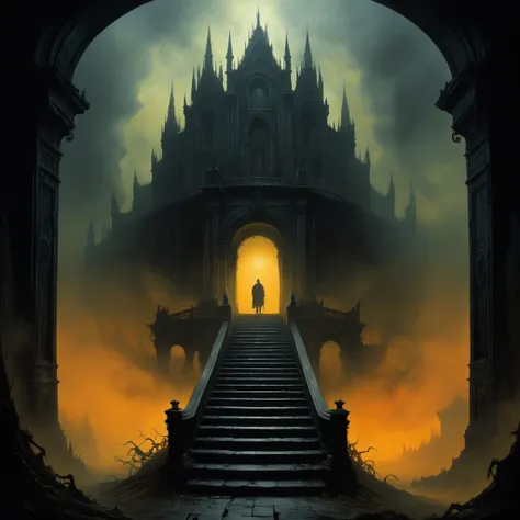 A staircase spirals down into the darkness, vanishing beneath a shroud of fog, as if swallowed by the underworld, while a doorway above looms ajar, its threshold dimly lit by an eerie, flickering glow, illuminating the surrounding air thick with mist, like...