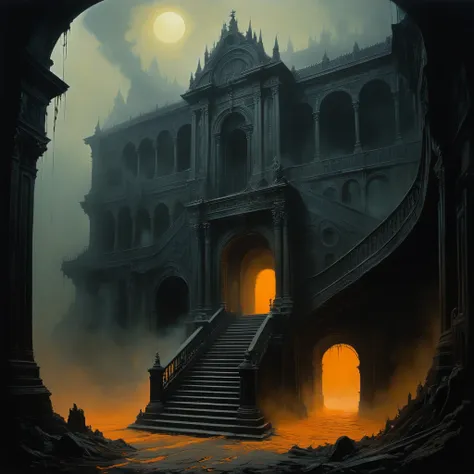 a staircase spirals down into the darkness, vanishing beneath a shroud of fog, as if swallowed by the underworld, while a doorwa...