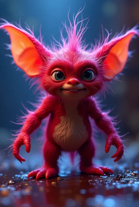 CGI! red germ monster character. Highly detailed. Scary but charming. gremlin. tribbles. minions. stop motion! purple and blue lighting!