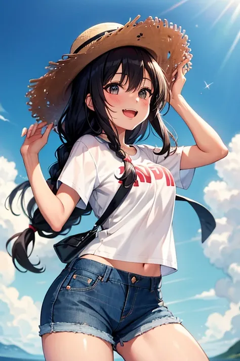 solo, High resolution, Bangs between the eyes, Highest quality, masterpiece, detail, High-resolution model, Ultra high definition, girl,  anime, cute, Shiny Hair, One girl, black Hair/Light black hair, long Hair , fair skin, Gleeful laughter, Shining count...