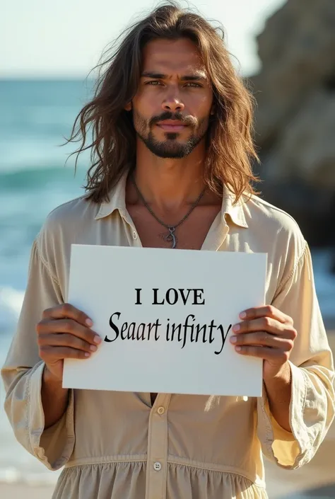 Beautiful man with wavy long hair, bohemian dress, holding a white board with text "I Love Seaart Infinity" and showing it to the viewer