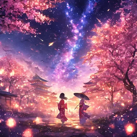 masterpiece, Concept Art, Panorama, in the center, shape, Wide Shot, flower garden, ,stardust, night, (meteor), Space galaxy background, (Great composition, Epic scale), Dynamic Lighting, Bright colors, cherry blossoms,A girl wearing a kimono,garden