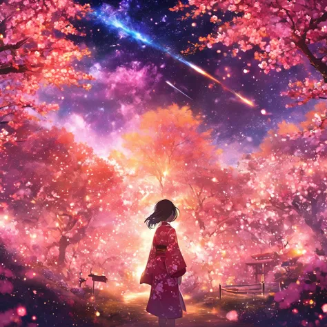 masterpiece, Concept Art, Panorama, in the center, shape, Wide Shot, flower garden, ,stardust, night, (meteor), Space galaxy background, (Great composition, Epic scale), Dynamic Lighting, Bright colors, cherry blossoms,A girl wearing a kimono,garden