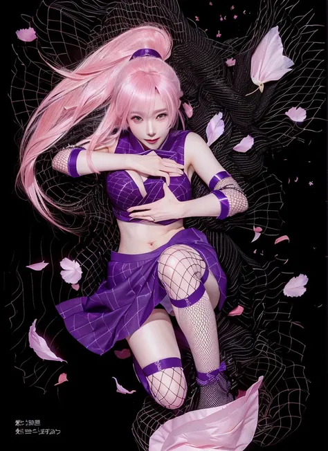 Images of women in their 50s wearing short skirts and fishnet stockings, sakura petals around her, Inspired by INO, Stop 4 *, Stop 4, Photorealistic anime girl rendering, Anime Girl Cosplay, Anime Pose, ( ( Stop 4 # ) ), 🌺 society, Enchanting anime girl, C...