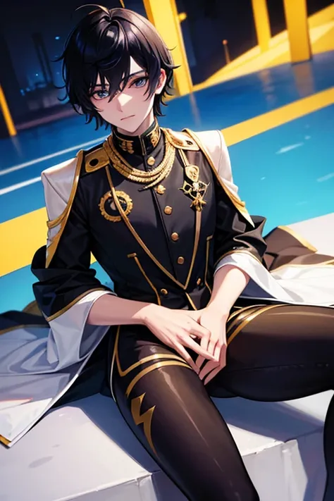 A teenage male with very white skin, black hair with blue streaks on one side and on the other, with a tender face and very large thighs wearing a gold-colored evening dress