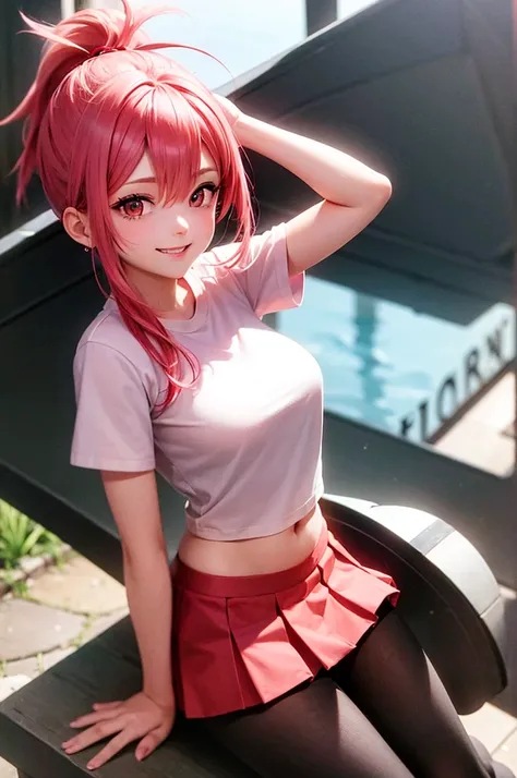 Pink Hair　ponytail　Red Eyes　Red cheeks　smile　beautiful girl　Shirt short sleeves　Checked Skirt