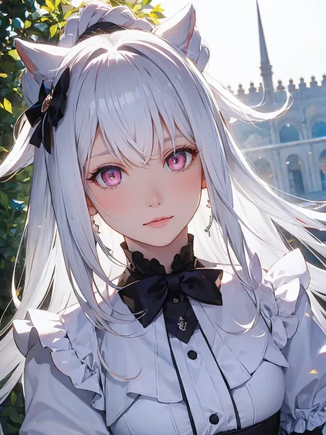 one girl,  white medium hair, center parted hair, white dress,  (detailed pupils, pale pink eyes,symmetrical eyes )black thin ri...