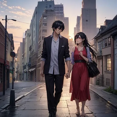 a man together with a Indian woman (eye red) in casual clothes, walking in a modern city at sunset

