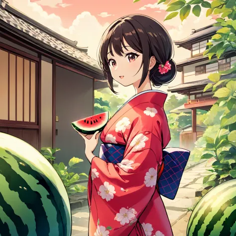 japanese woman wearing kimono, miko, cartoon, watermelon, japanese house in the background