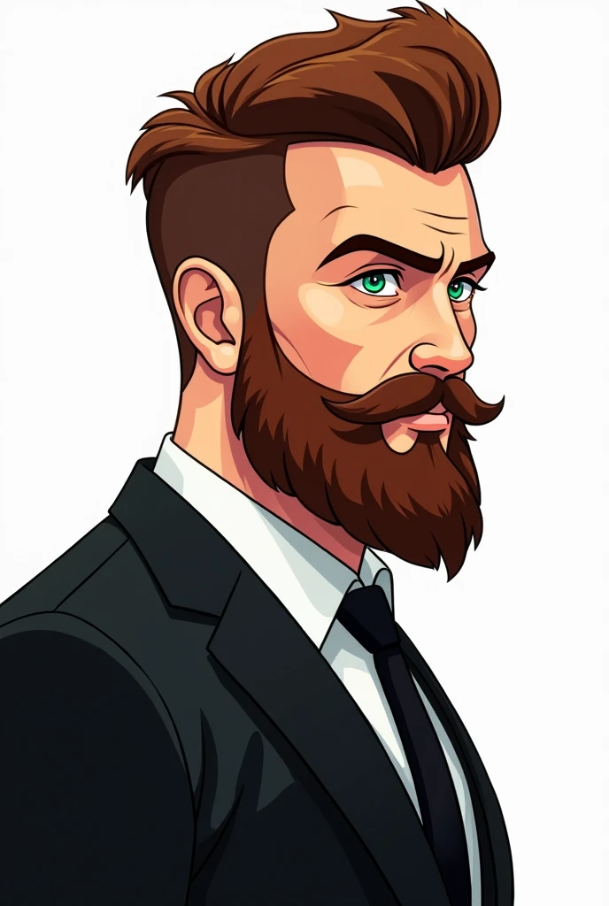 
The image shows a stylized illustration of a man with brown, hair and a full beard that matches the hair color. His facial features are sharp and angular, giving him a strong and striking appearance. The man is dressed in a formal black suit, white shirt,...