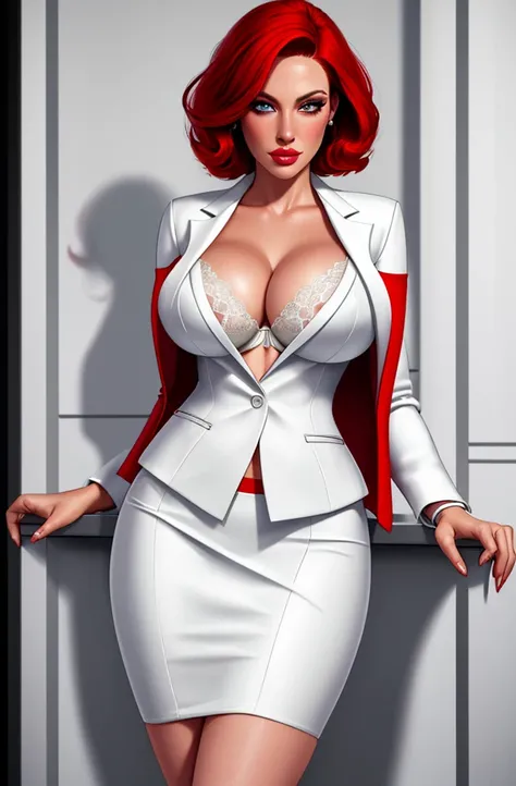 high quality,resolution:8k,realistic,Carolyn Dunn,red hair,bobcut,beautiful detailed eyes,beautiful detailed lips,white suit,pencil skirt,high heels,vivid colors,portraits,studio lighting, white lace bra, open blazer