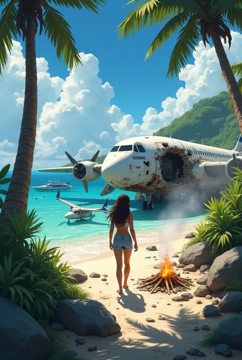 a brunette girl makes a camp on an island from the wreckage of an airplane 