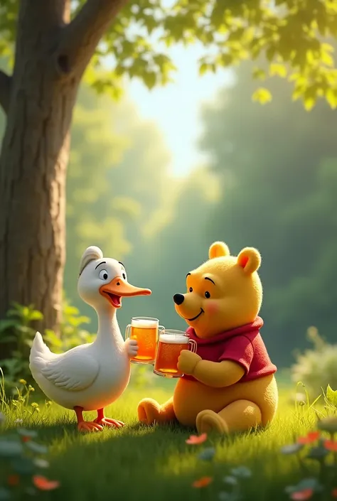 Goose and Winnie the Pooh are sitting happily on the grass in the forest on a sunny summer day and drinking beer from beer mugs