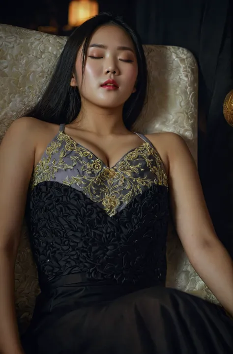 In a striking 8K HDR scene, a stunning Korean woman, 22 years old, lies peacefully in a coffin and coffin cover surrounded by plush pillows behind head. The deep box is set against a rich black background, accentuating the beauty of the subject. Her exquis...