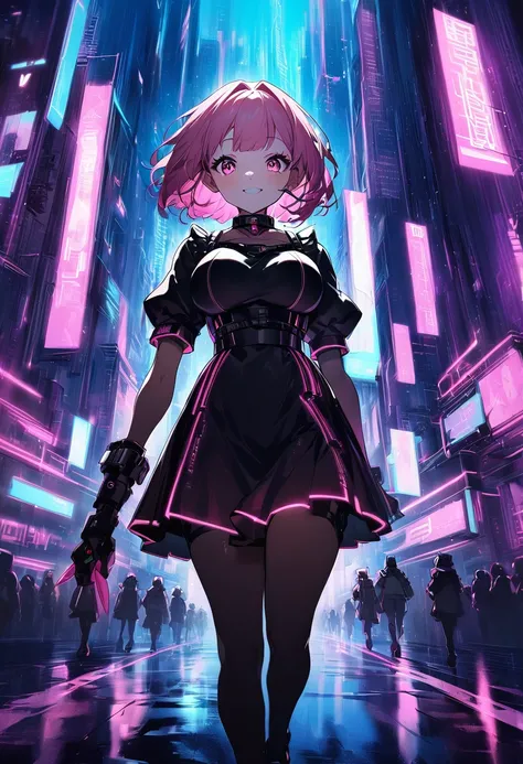 matrix, noc-wfhlgr maid,1girl,loli,large breasts,short hair,smile, pink hair,walking,cyberpunk neon epic city,delicate lines,Digital Artwork,