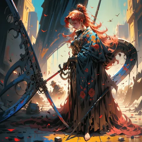 Beautiful Death with a scythe, long red hair, full length girl, Girl in a robe, Against the backdrop of the apocalypse, in hands a scythe with blue painting, there is a dead man underfoot, there are many soldiers behind